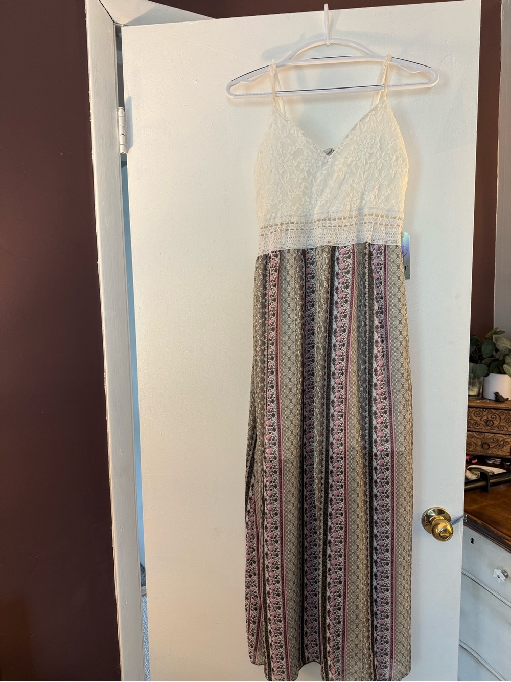 Lace Bodice Maxi Dress with Striped Floral Skirt - Cream & Pink